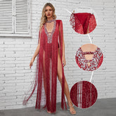 Vestido con escote en V profundo y flecos de diamantes de imitación - Rojo